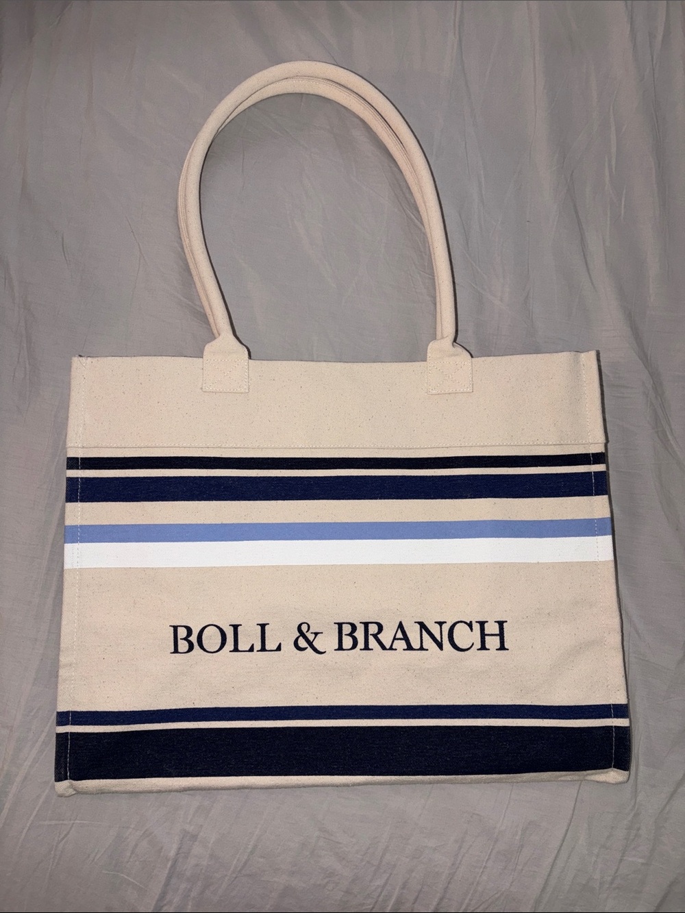 Boll & Branch Canvas Striped Tote Bag Navy Cream Large Organic Cotton